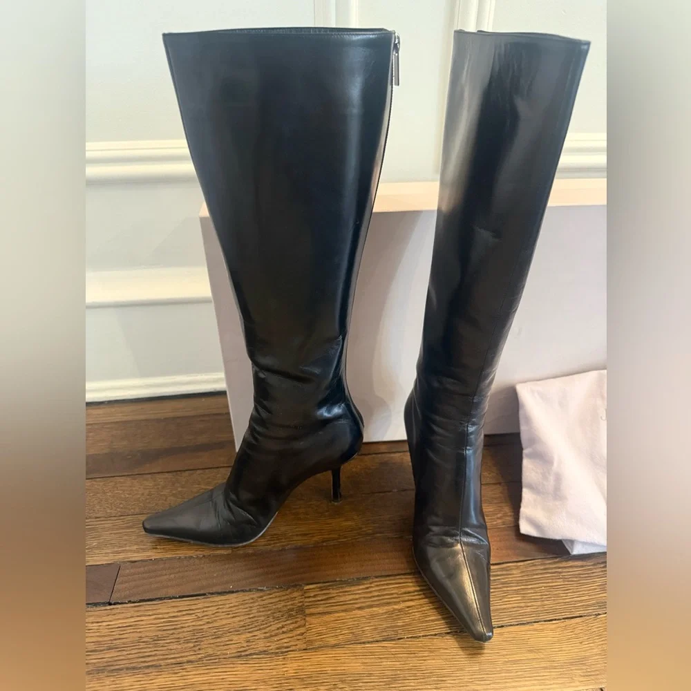 Jimmy Choo Black Leather Knee High Pointed Toe Boots size 34 - Picture 2 of 10